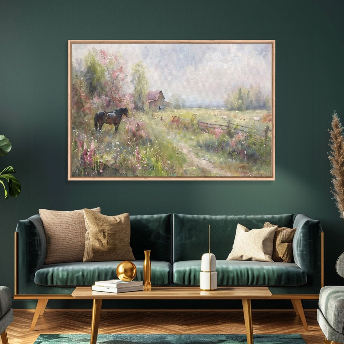 Horse in Wildflower Meadow Watercolor Barn Pasture Countryside Poster - Image 2