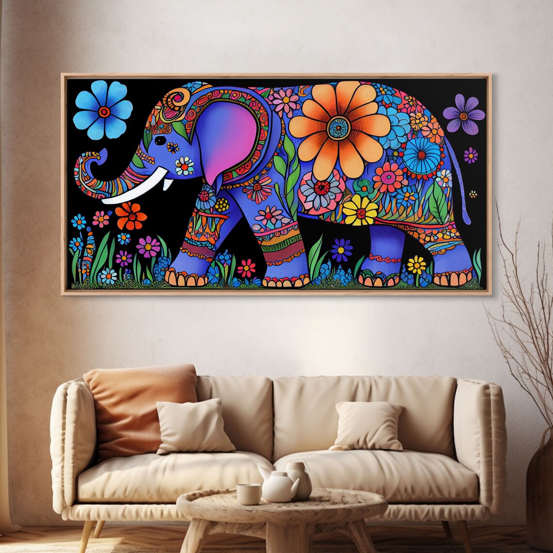 Elephant Abstract Art Print with Flowers, Indian Style - Image 4