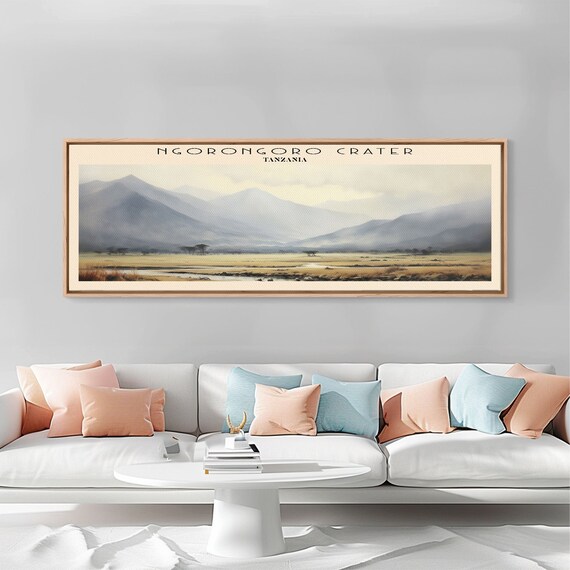 Ngorongoro Crater Tanzania Art Framed Print Travel Poster Panoramic Wall Art Home Decor Gift For Travel Lover Wall Hanging