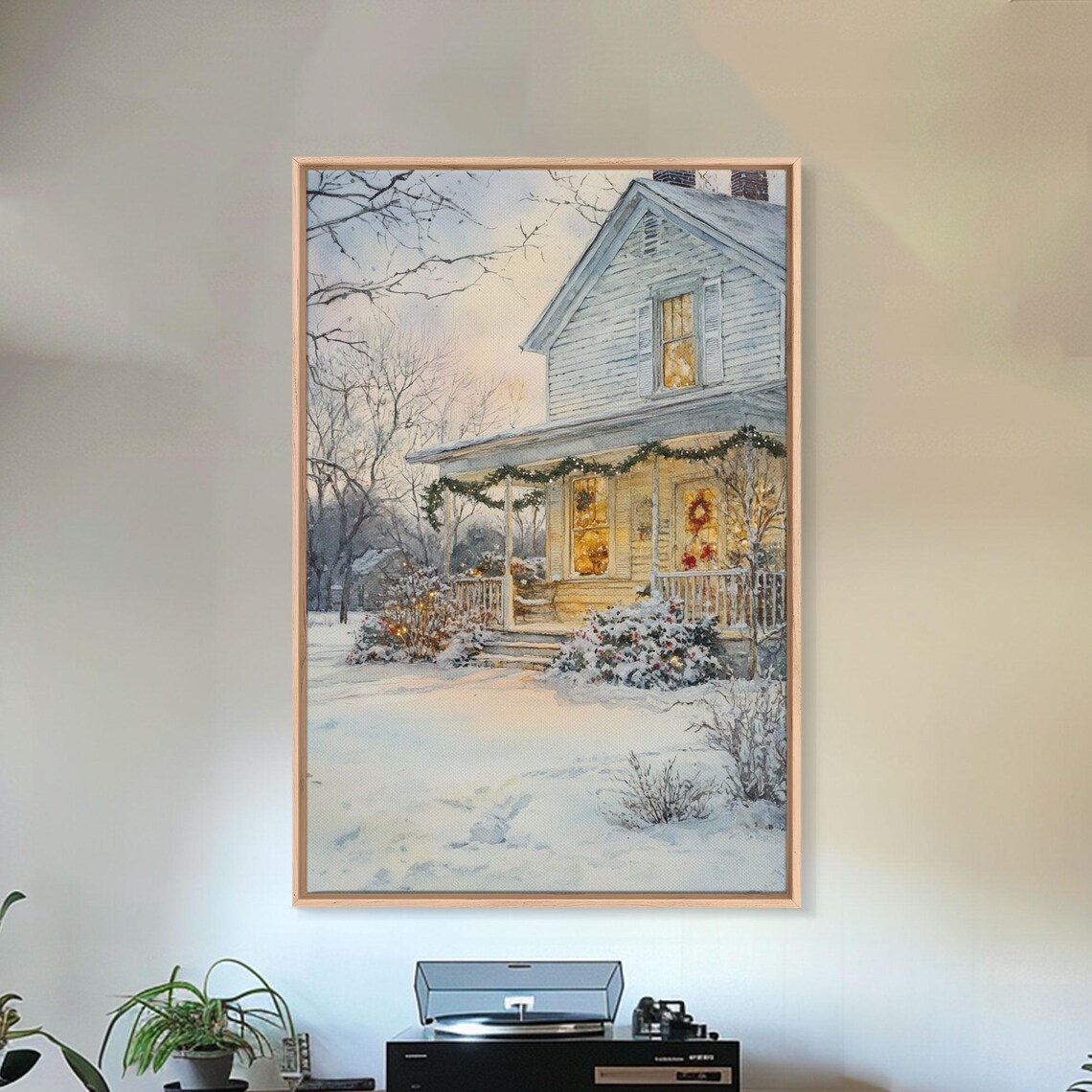 Snowy Farmhouse At Christmas Glowing Windows Garlands Winter Poster - Image 4