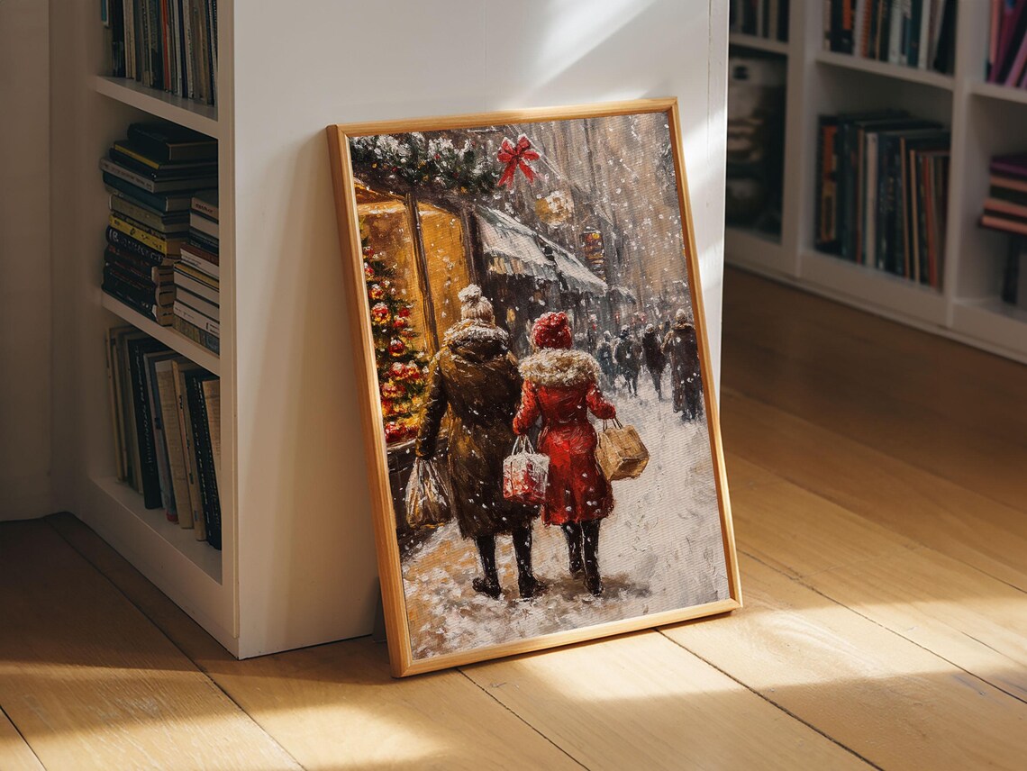 Snowy Christmas Shopping Street Vintage Holiday Scene Wall Art - Image 2