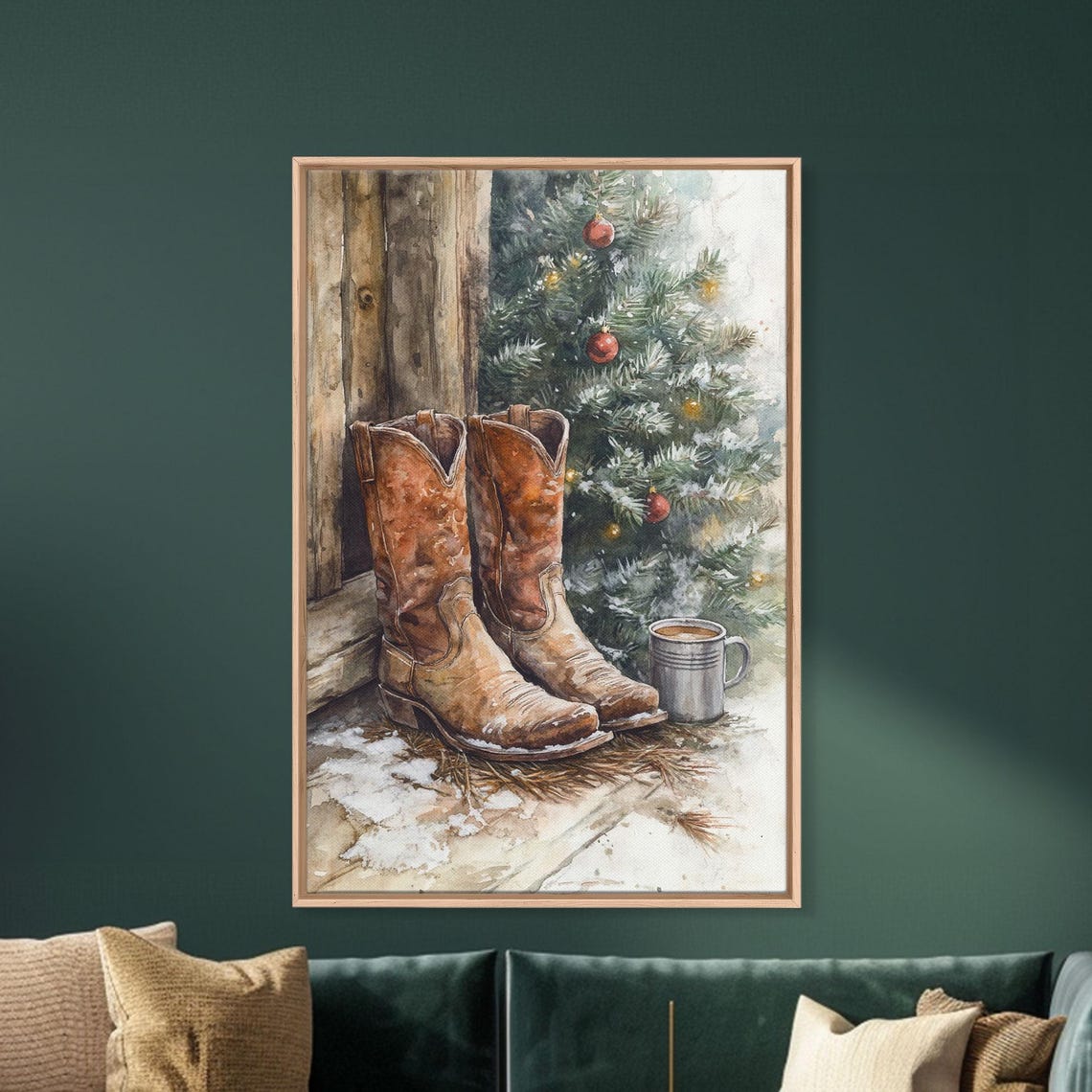 Cowboy Boots By Christmas Tree With Cocoa Mug Western Holiday Poster - Image 4