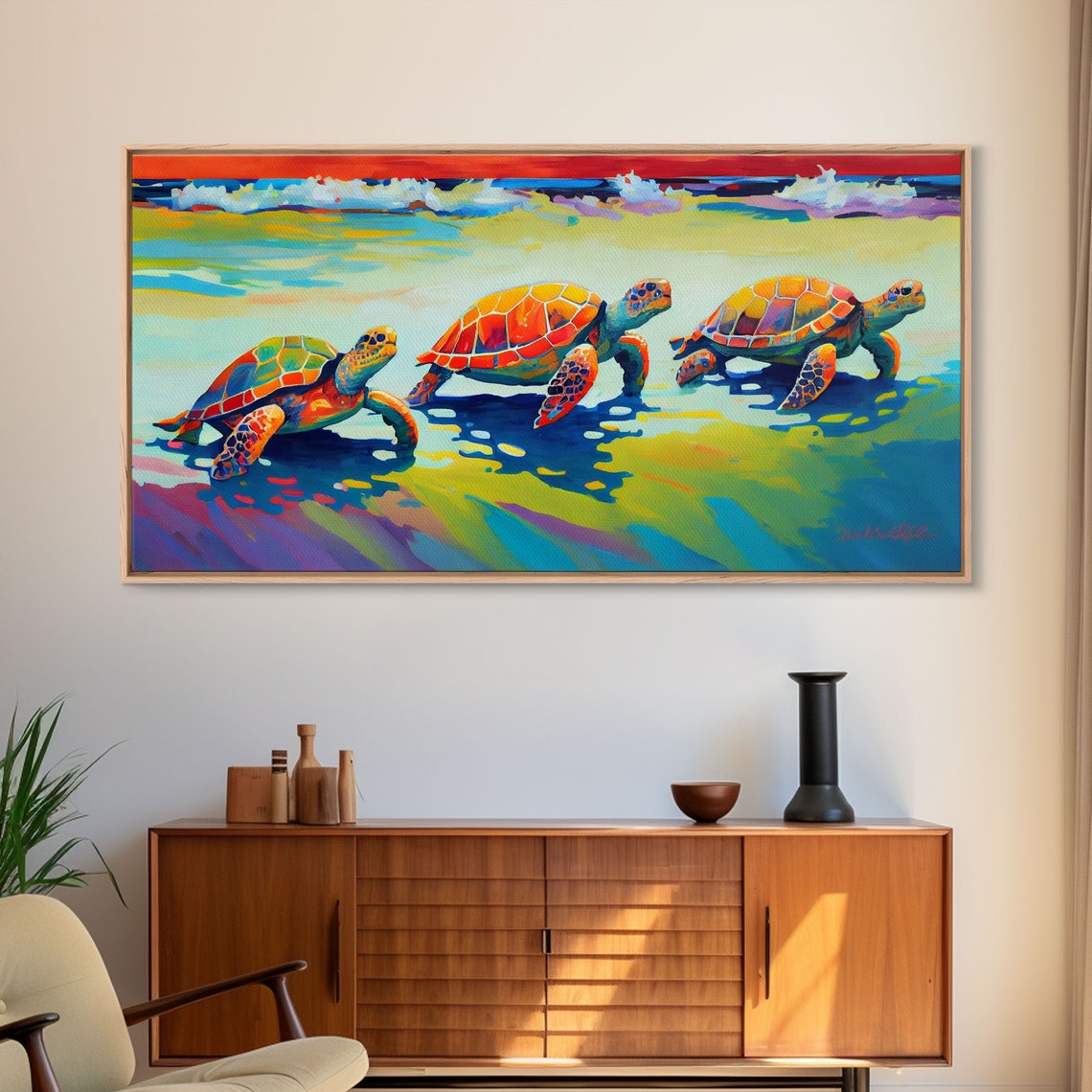 Three Sea Turtles Sunny Beach Colorful Pop Art Ocean Wildlife Poster