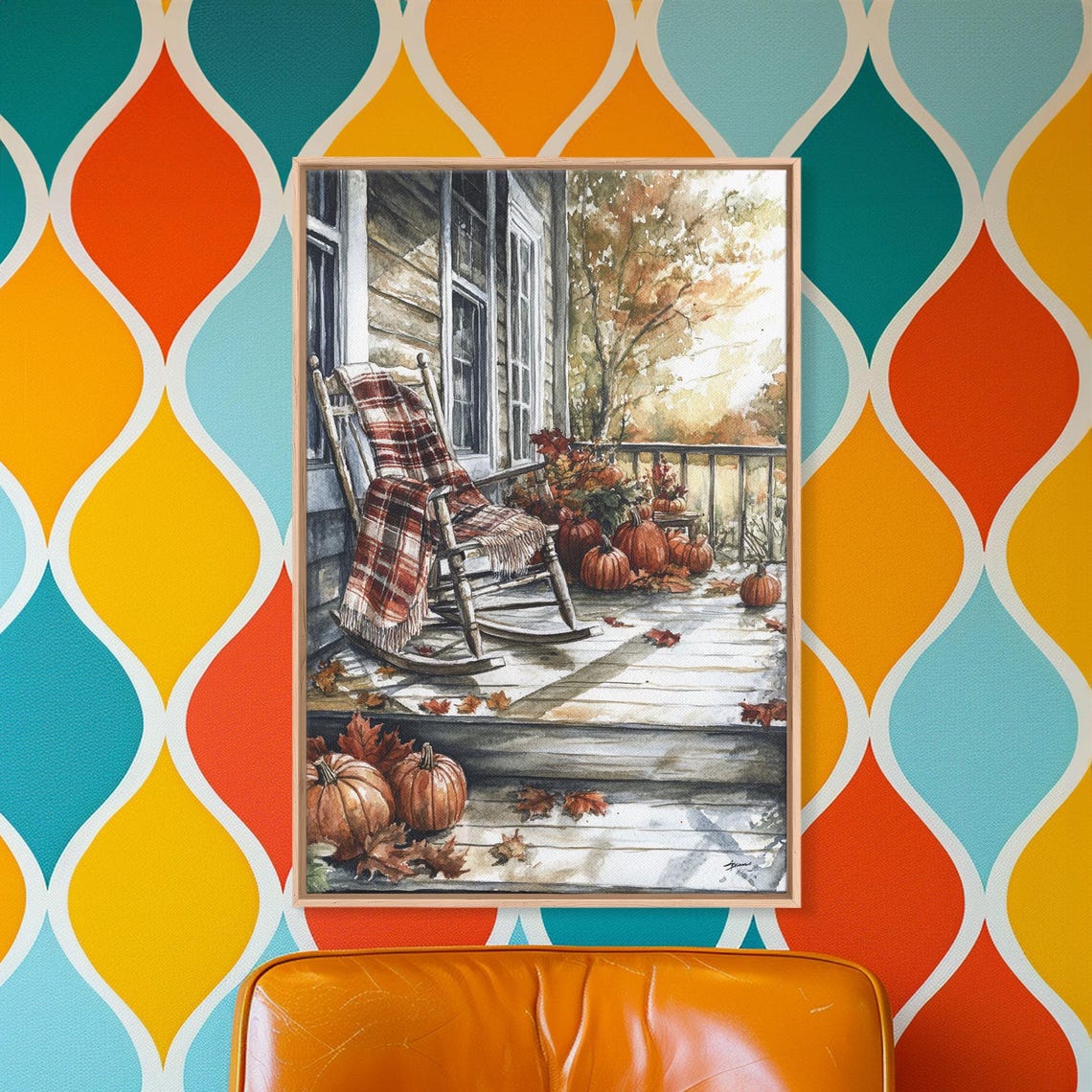 Fall Rocking Chair Porch Pumpkins Plaid Blanket Watercolor Wall Art