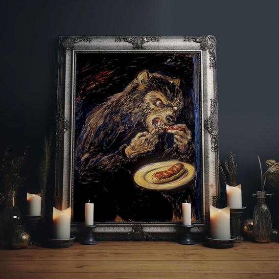 Surreal Dark Werewolf Eating Hot Dog Spooky Painterly Halloween Art Poster