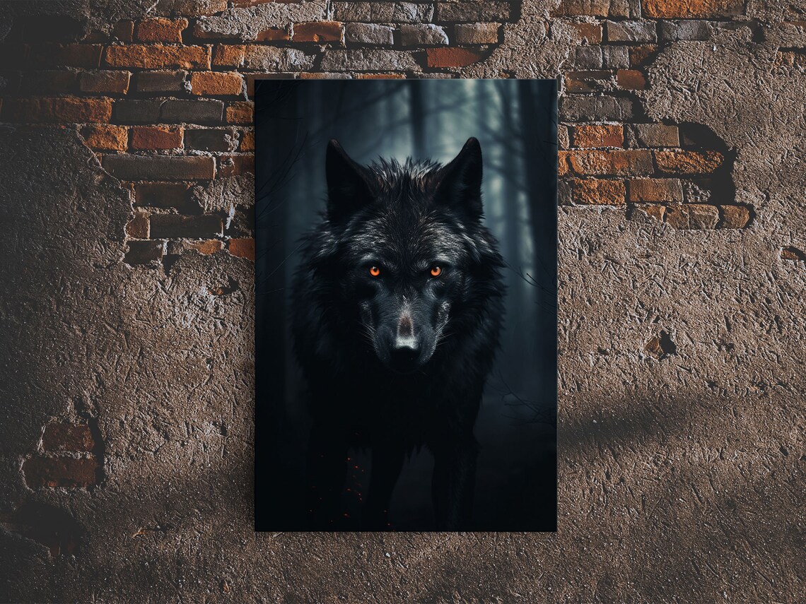 Red Eyed Wolf Print, Black Wolf On The Hunt - Image 6
