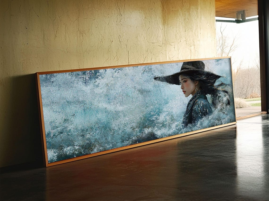 Ocean Woman Wide Brim Hat Waves Painting Coastal Blue Wall Poster - Image 6
