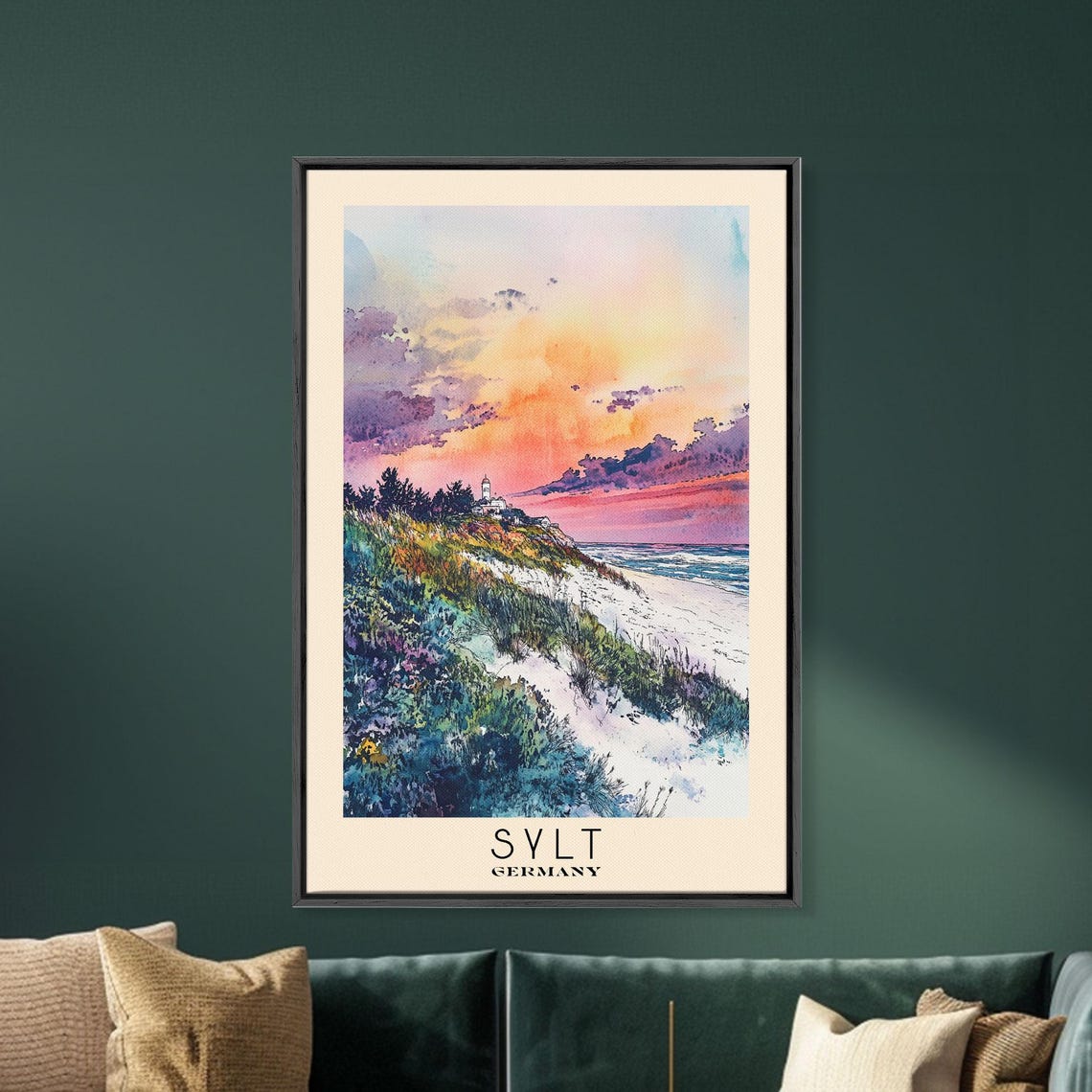 Sylt Germany Sunset Dune Coast Lighthouse Colorful Watercolor Poster - Image 5