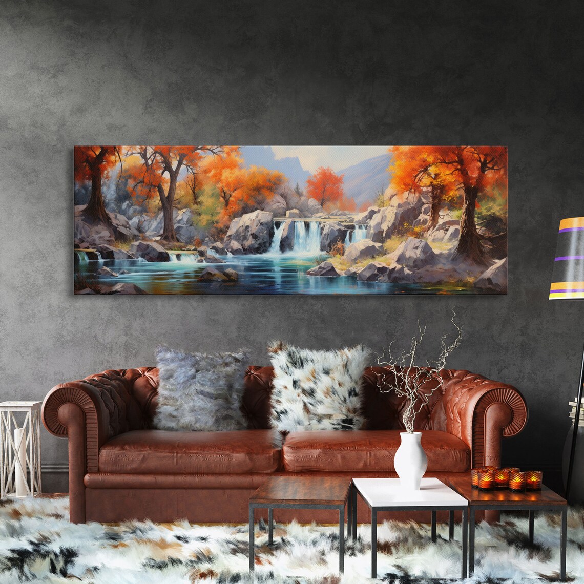 Autumn Waterfall Landscape Painting Orange Trees Rocky River Art - Image 3
