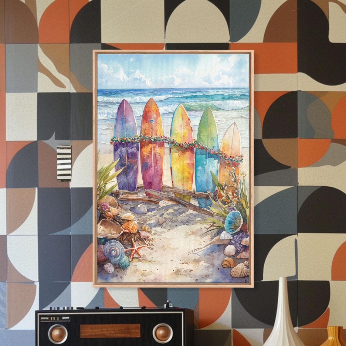 Surfboards With Christmas Garland On Beach With Seashells Poster - Image 5