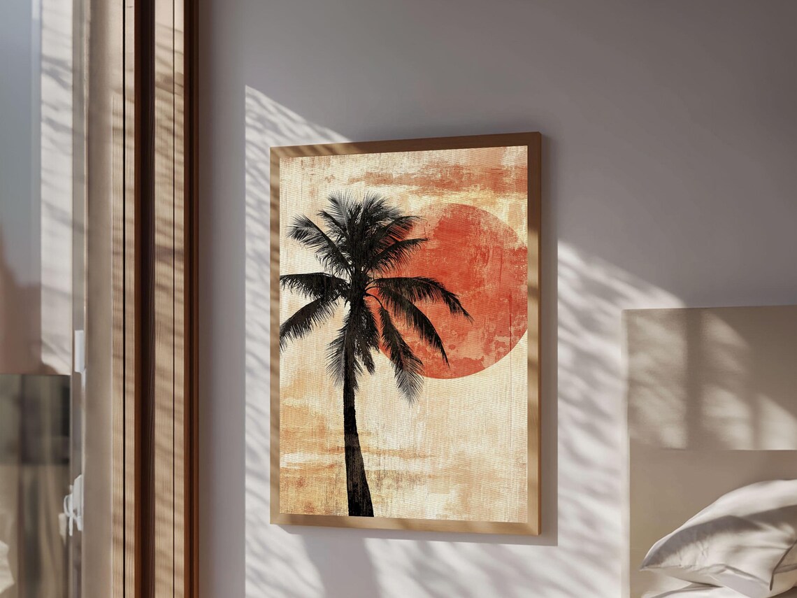 Black Palm Tree Silhouette Against Red Sun Vintage Beach Poster - Image 2