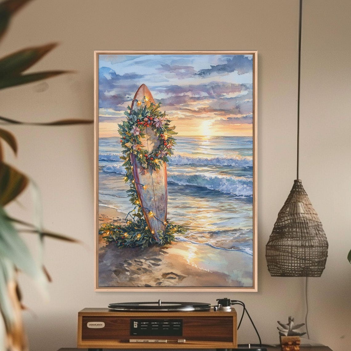 Christmas Surfboard Decorated With Garland On Beach Sunset Poster - Image 2