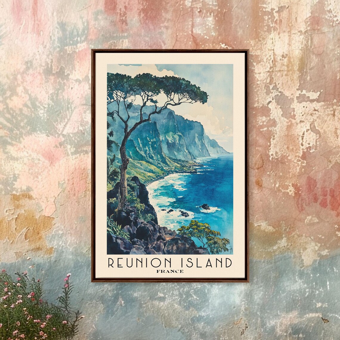 Reunion Island France Volcanic Cliff Coast Lone Tree Watercolor Poster - Image 4
