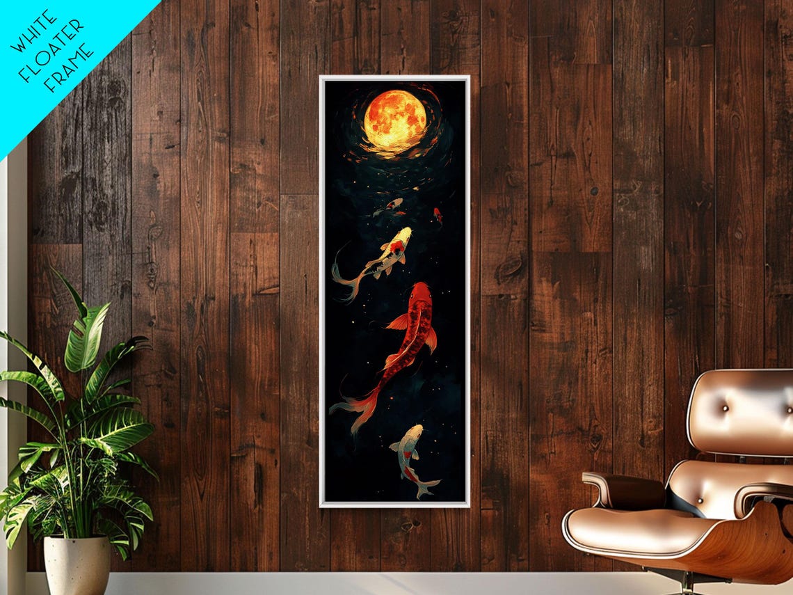 Koi Fish Swimming Under Full Moon Night Pond Japanese Wall Art