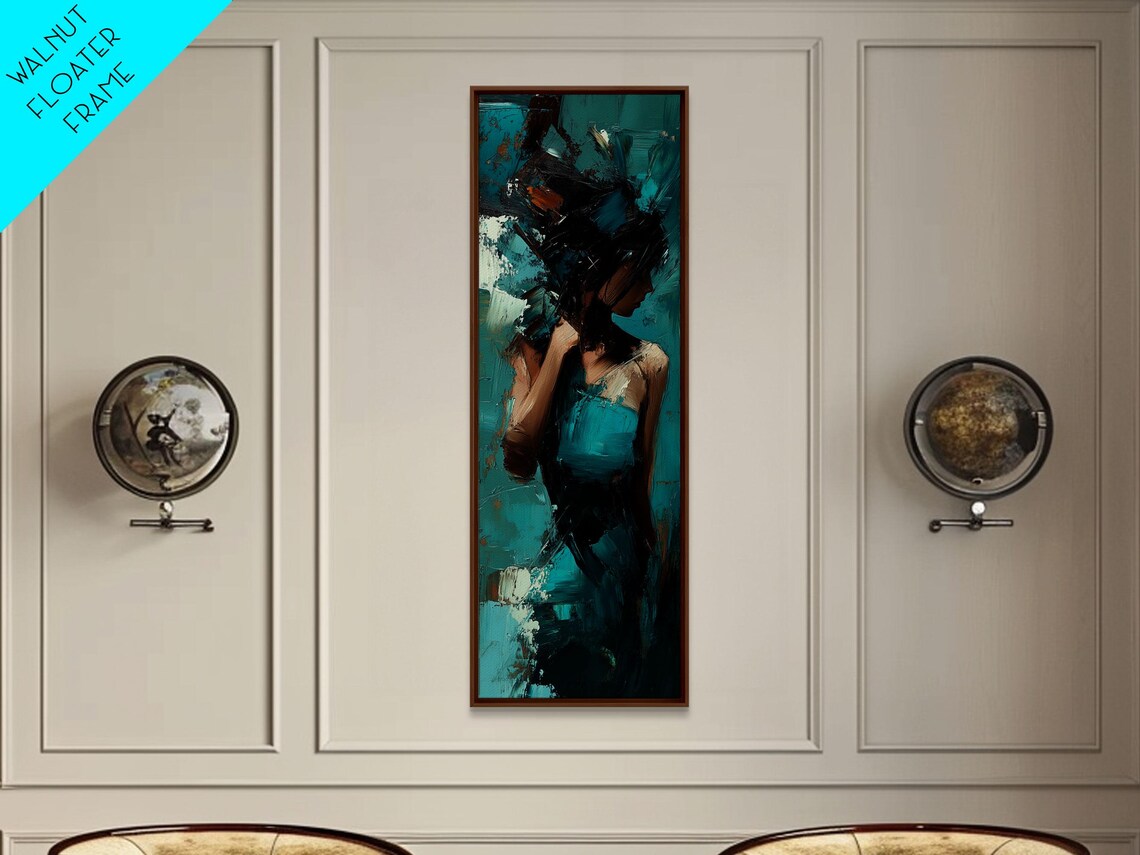 Moody Teal Woman Portrait Tall Vertical Abstract Brushstroke Art Poster - Image 4