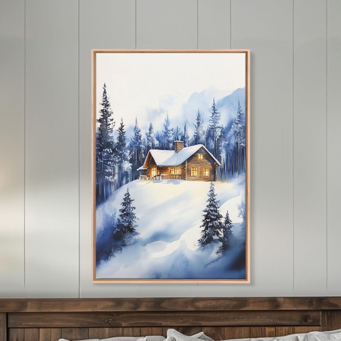 Winter Wonderland Log Cabin Snowy Pines Glowing Watercolor Wall Art - Image 5