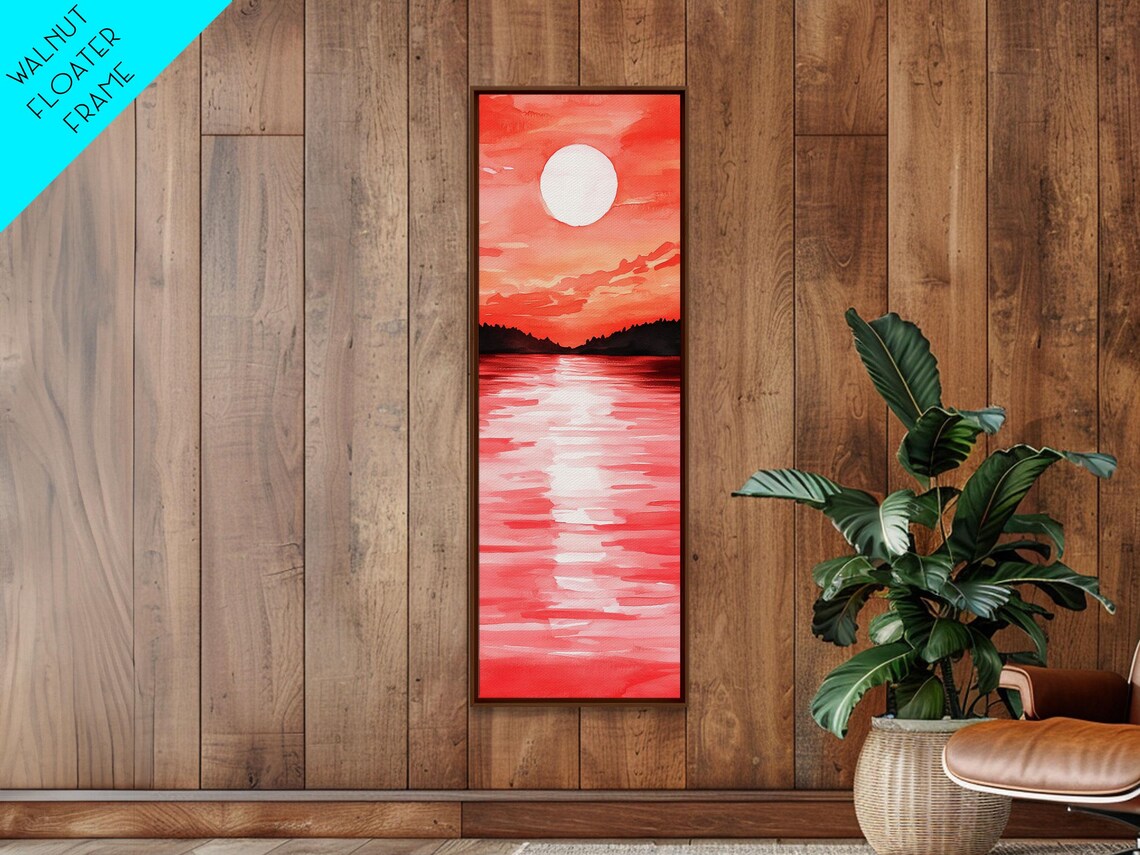 Coral Sunset Ocean Watercolor Painting Big Sun Seascape Vertical Poster - Image 4