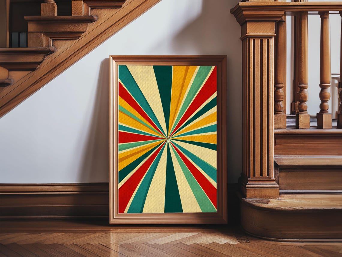 Retro Red Teal Yellow Sunburst Rays Vintage Style Abstract Poster - Image 5