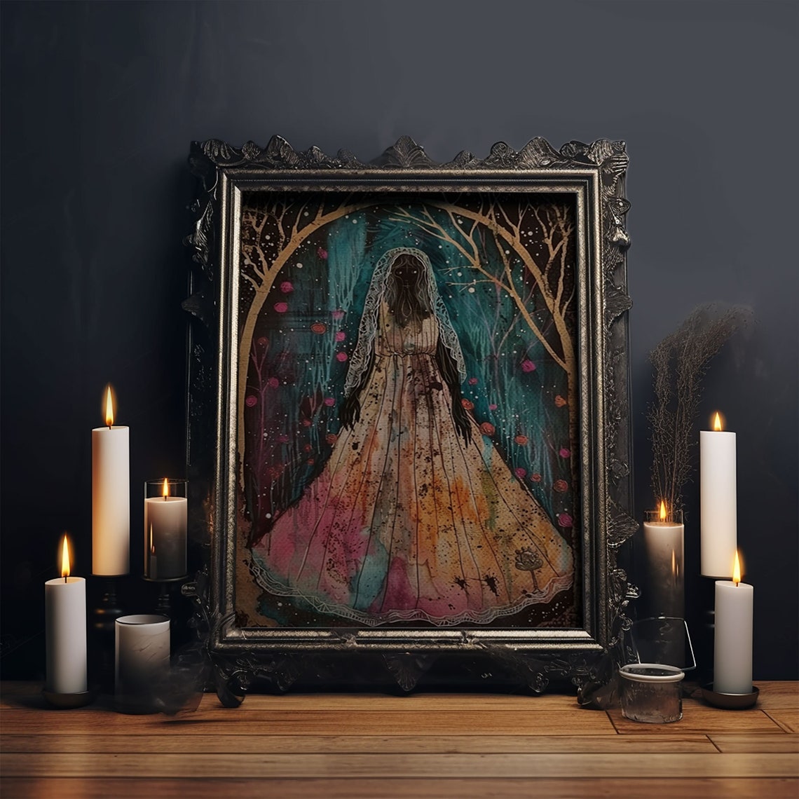 Veiled Ghost Lady Colorful Gown Dark Forest Halloween Art Poster - Image 5
