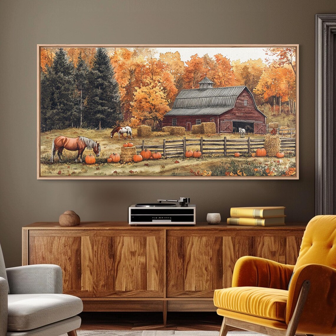 Autumn Barn Pumpkin Horses Rustic Fall Art Print - Image 6