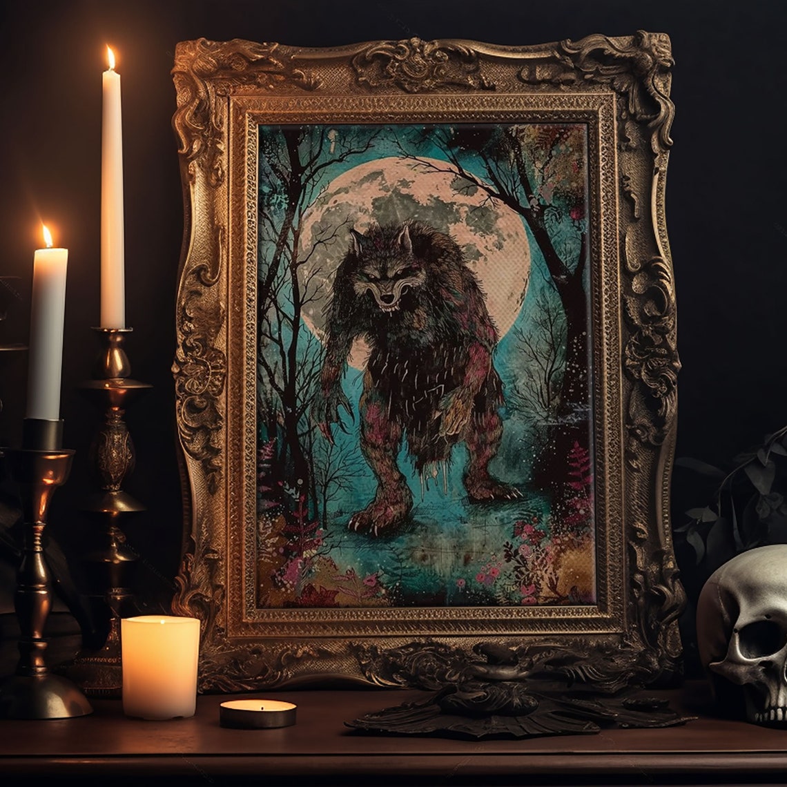 Full Moon Werewolf Menacing Forest Beast Halloween Horror Art Poster - Image 6