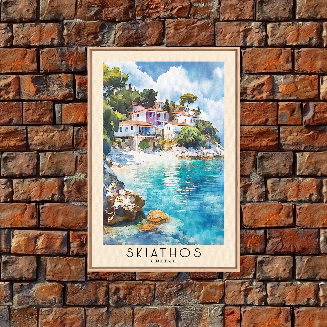 Skiathos Greece Colorful Hillside Village Turquoise Cove Watercolor Poster - Image 5