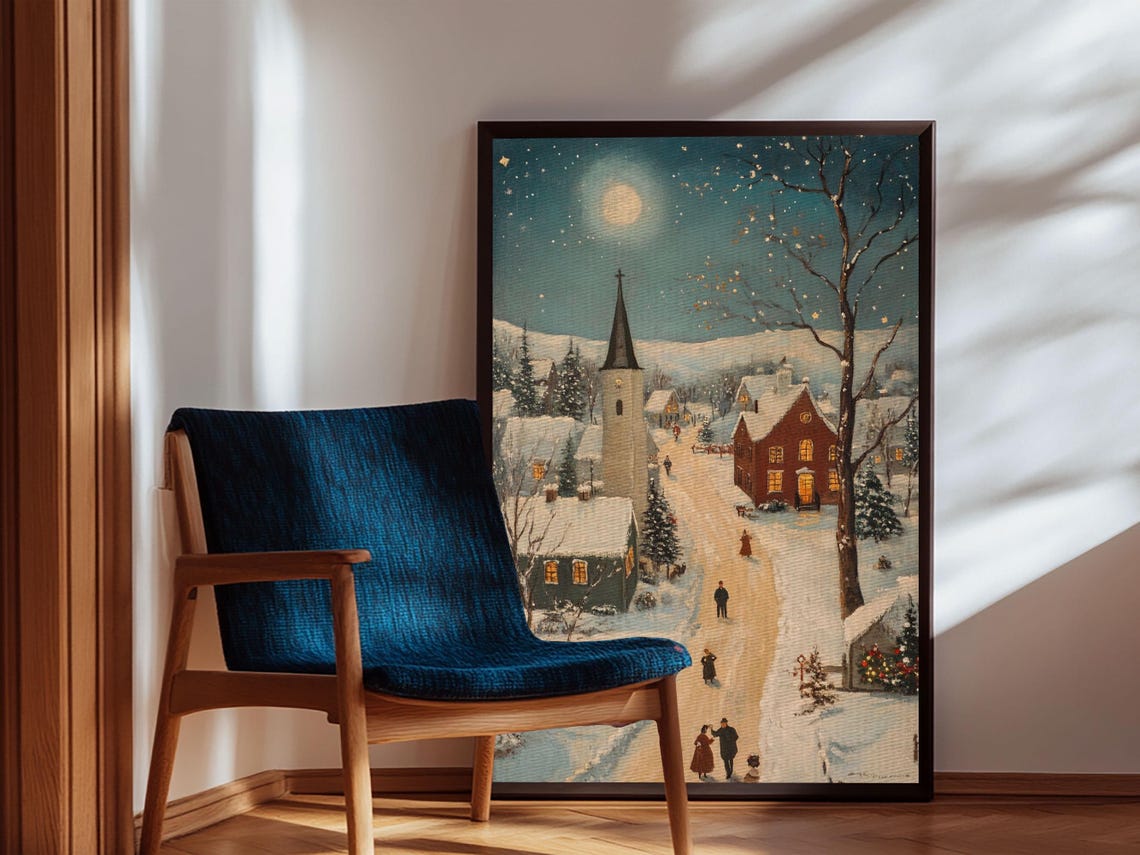 Full Moon Christmas Eve Village Church Snowy Night Painting Poster