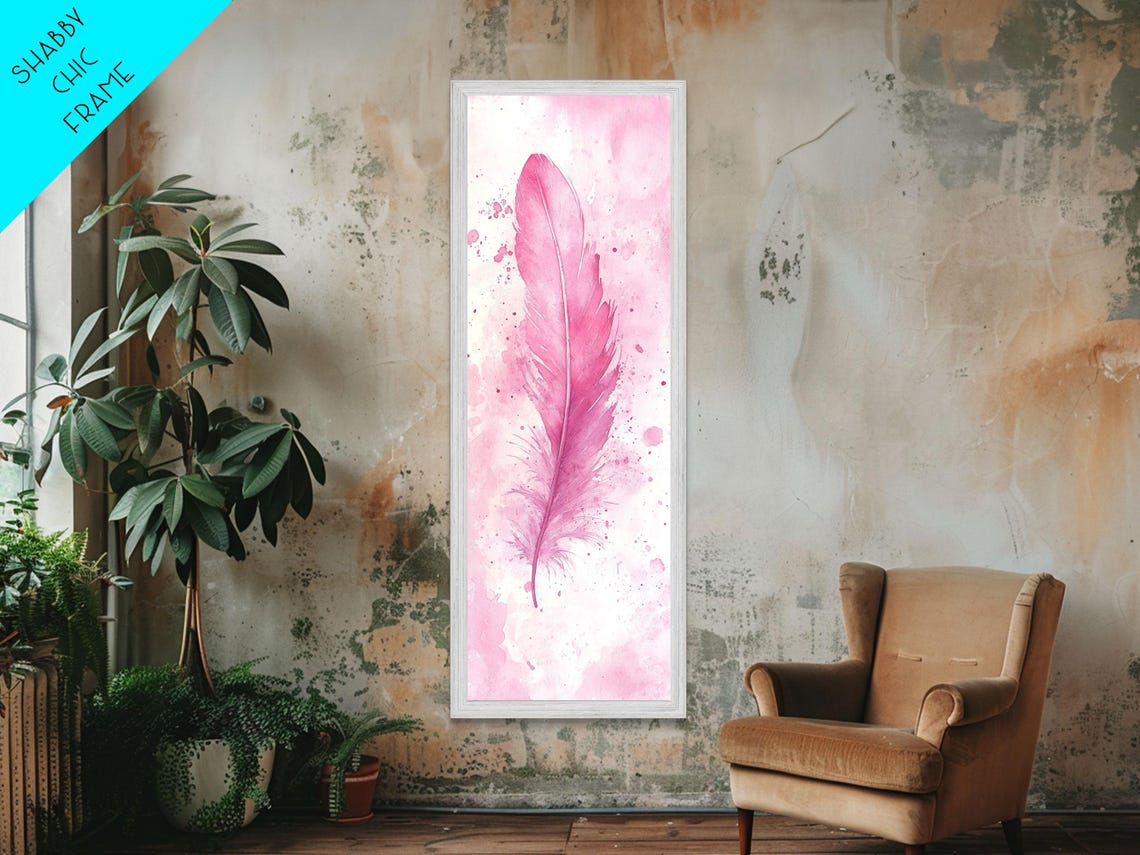 Pink Feather Watercolor Painting Soft Magenta Plume Vertical Wall Art