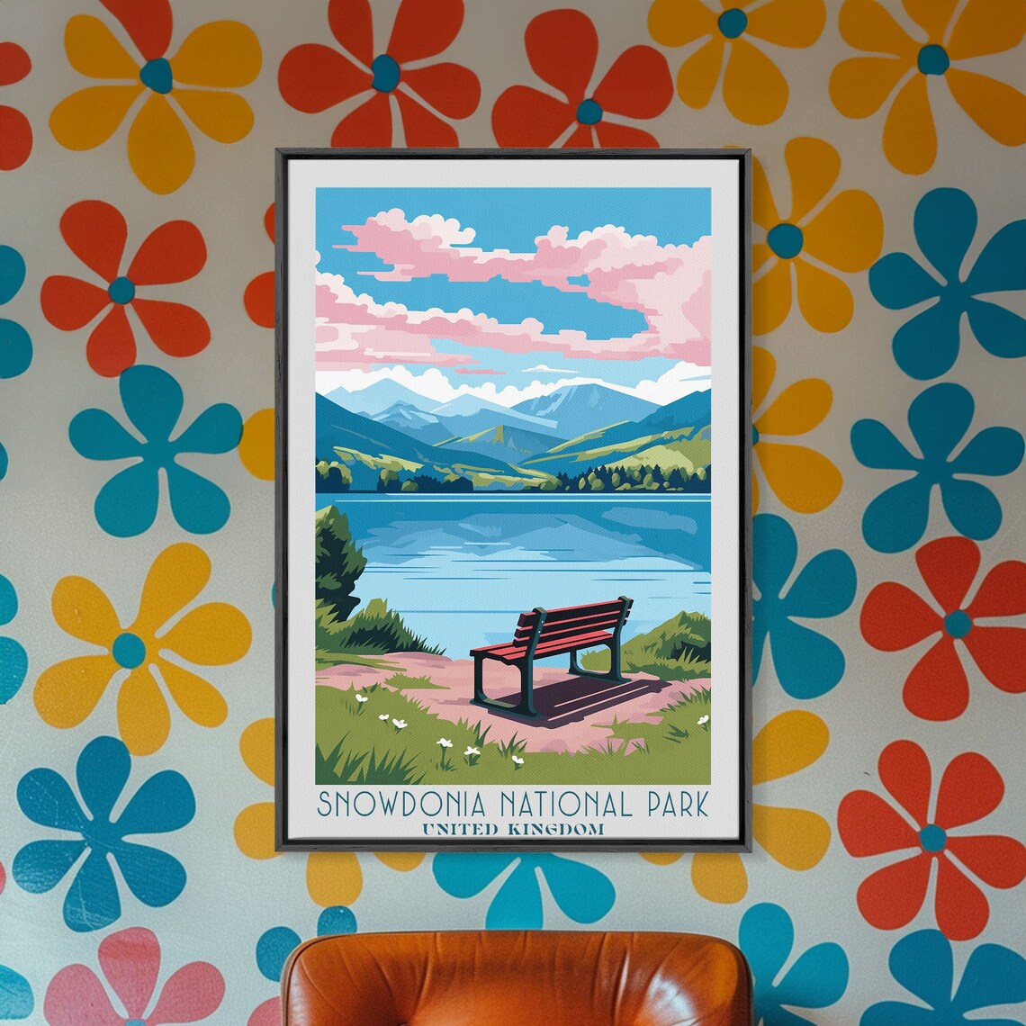 Snowdonia National Park Wales Lake View Lakeside Bench Pink Clouds Poster - Image 4