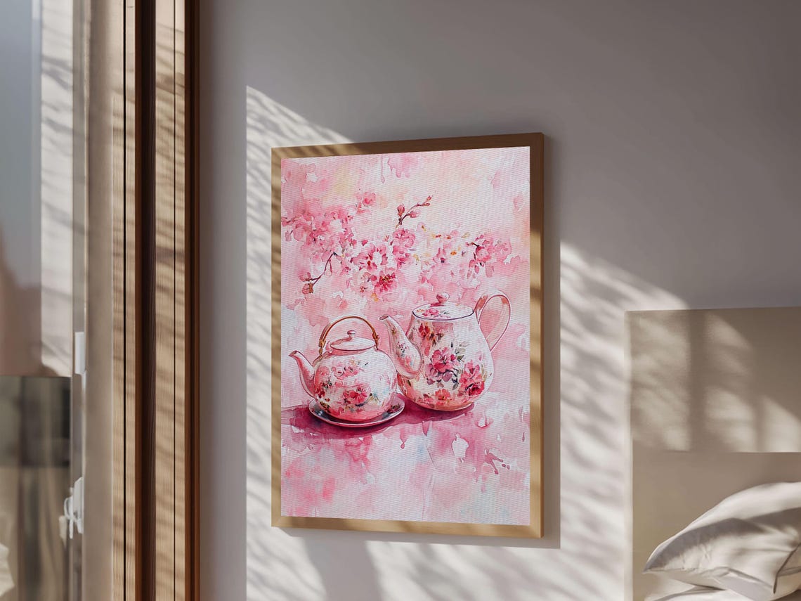 Floral Teapots Cherry Blossom Pink Watercolor Kitchen Art Print - Image 6