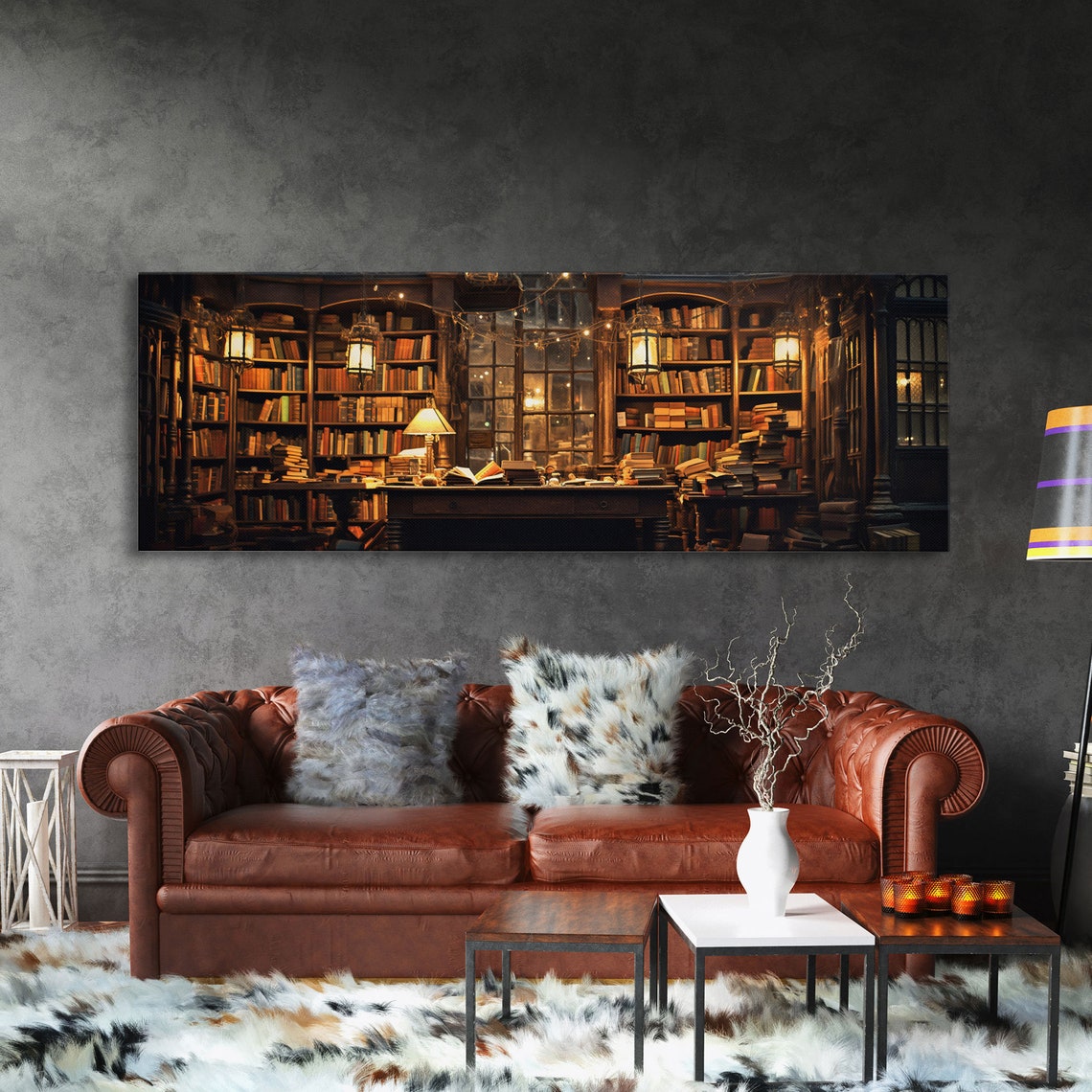 Cozy Old Library Interior Warm Lanterns Bookshelf Moody Wall Art - Image 3