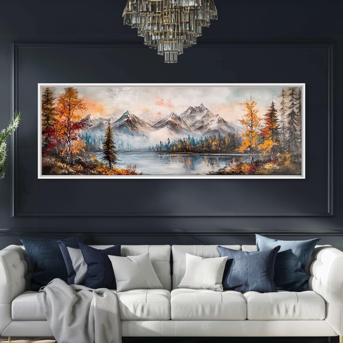 Autumn Mountain Lake With Snowy Peaks And Golden Pines Oil Poster - Image 5