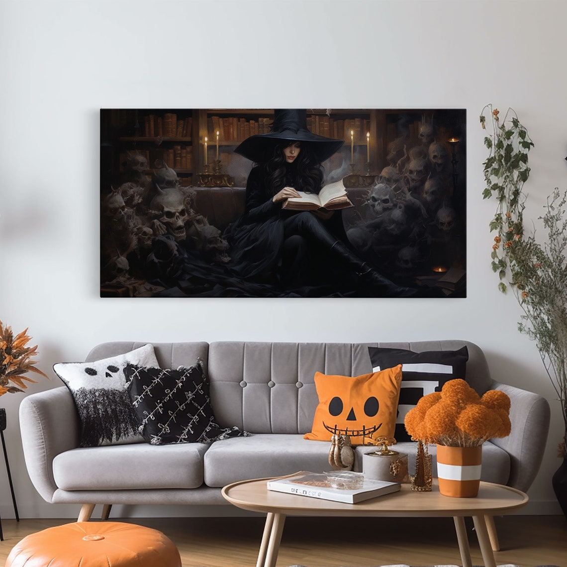 Witch Reading Spell Book In Library Of Skulls Gothic Panoramic Print - Image 6