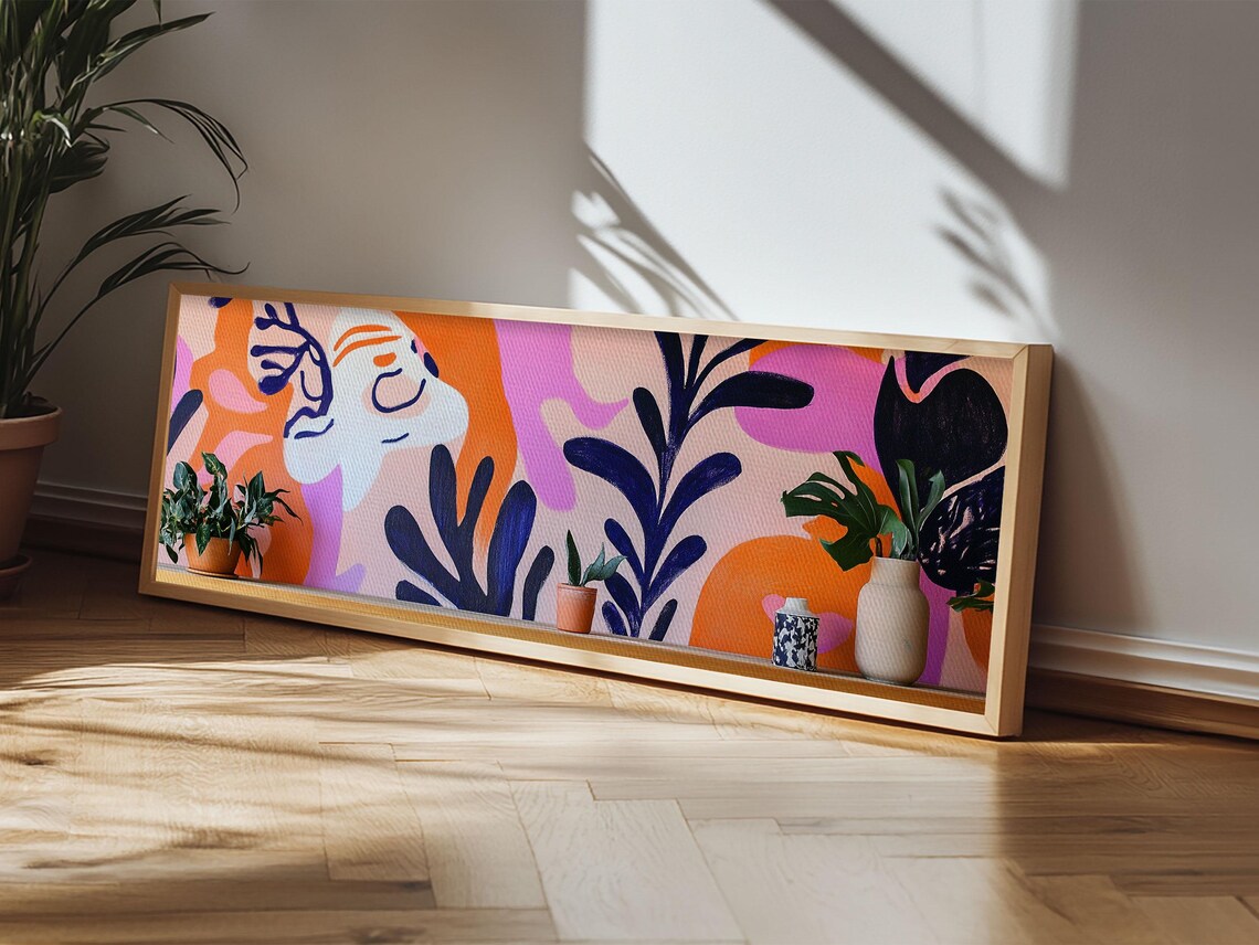 Playful Botanical Abstract Face Panoramic Pink Orange Modern Art Poster - Image 3
