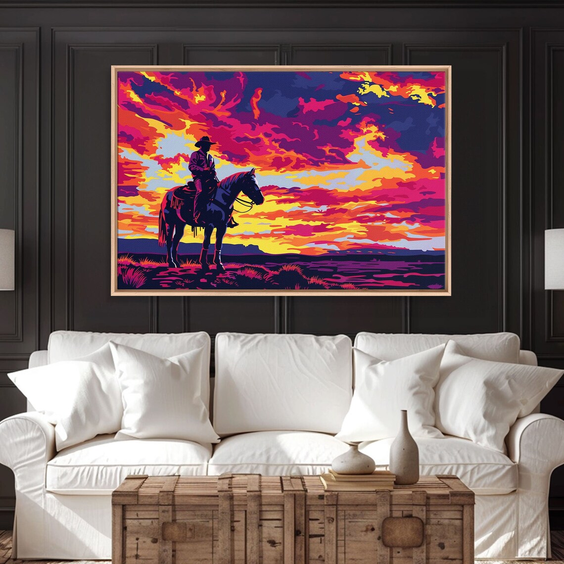 Cowboy on Horseback Magenta Sunset Pop Art Western Wall Art Poster - Image 6