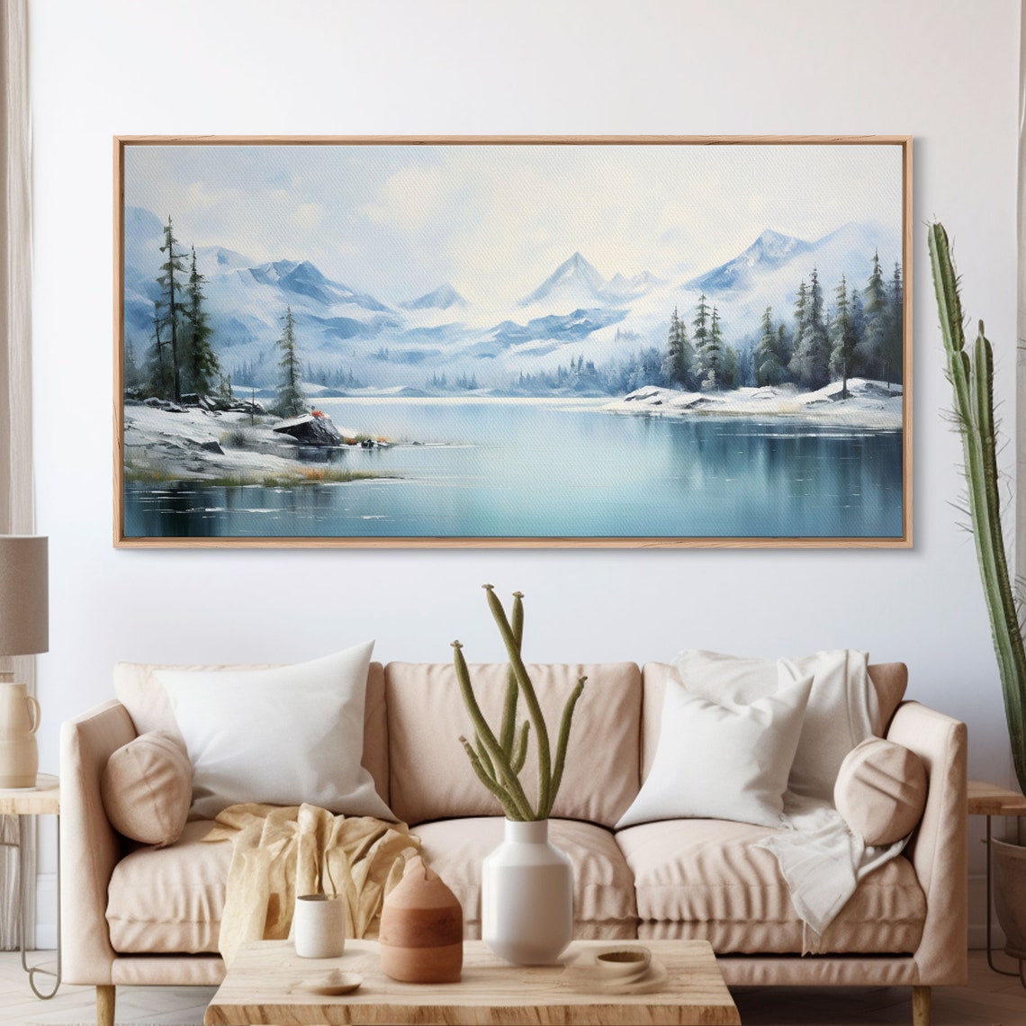 Winter Mountain Lake Snowy Peaks Serene Watercolor Landscape Poster