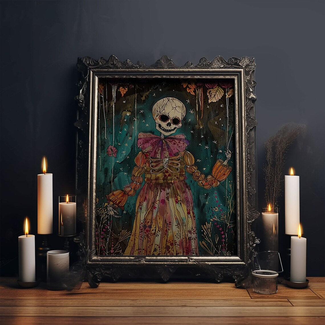 Day Of Dead Skeleton Orange Floral Gown Halloween Art Poster - Image 5