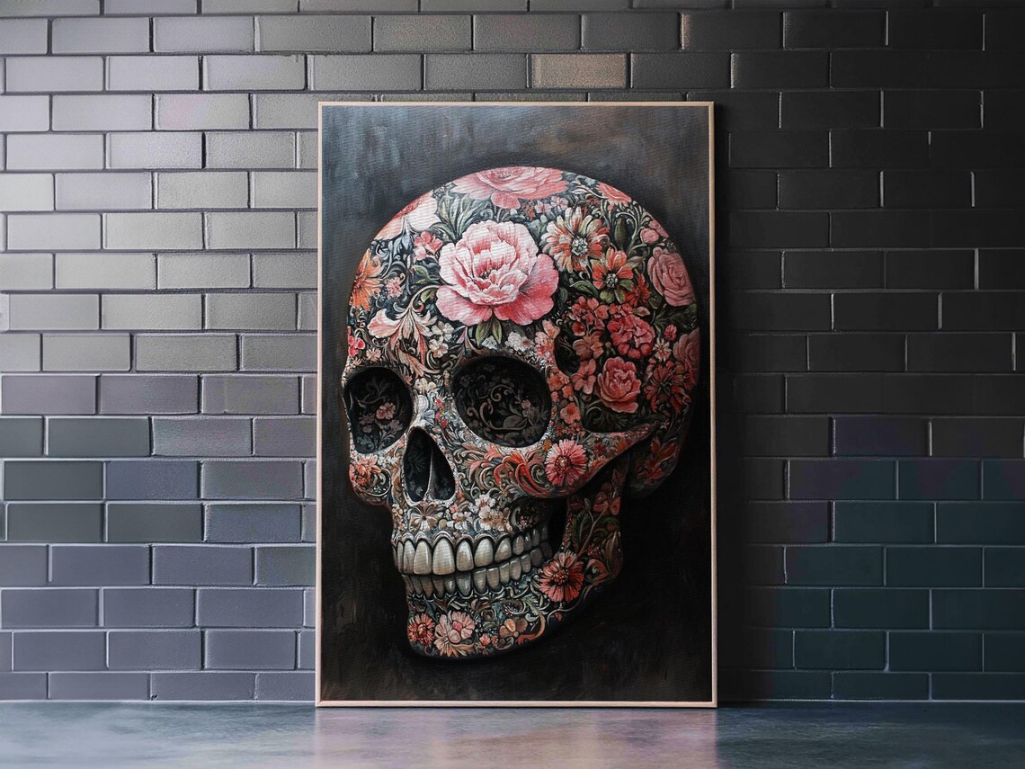 Floral Skull Pink Roses Gothic Boho Dark Botanical Skull Wall Art Poster - Image 4