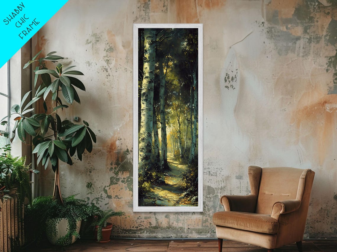 Moody Birch Forest Path Sunlit Trunks Golden Light Woodland Poster - Image 2