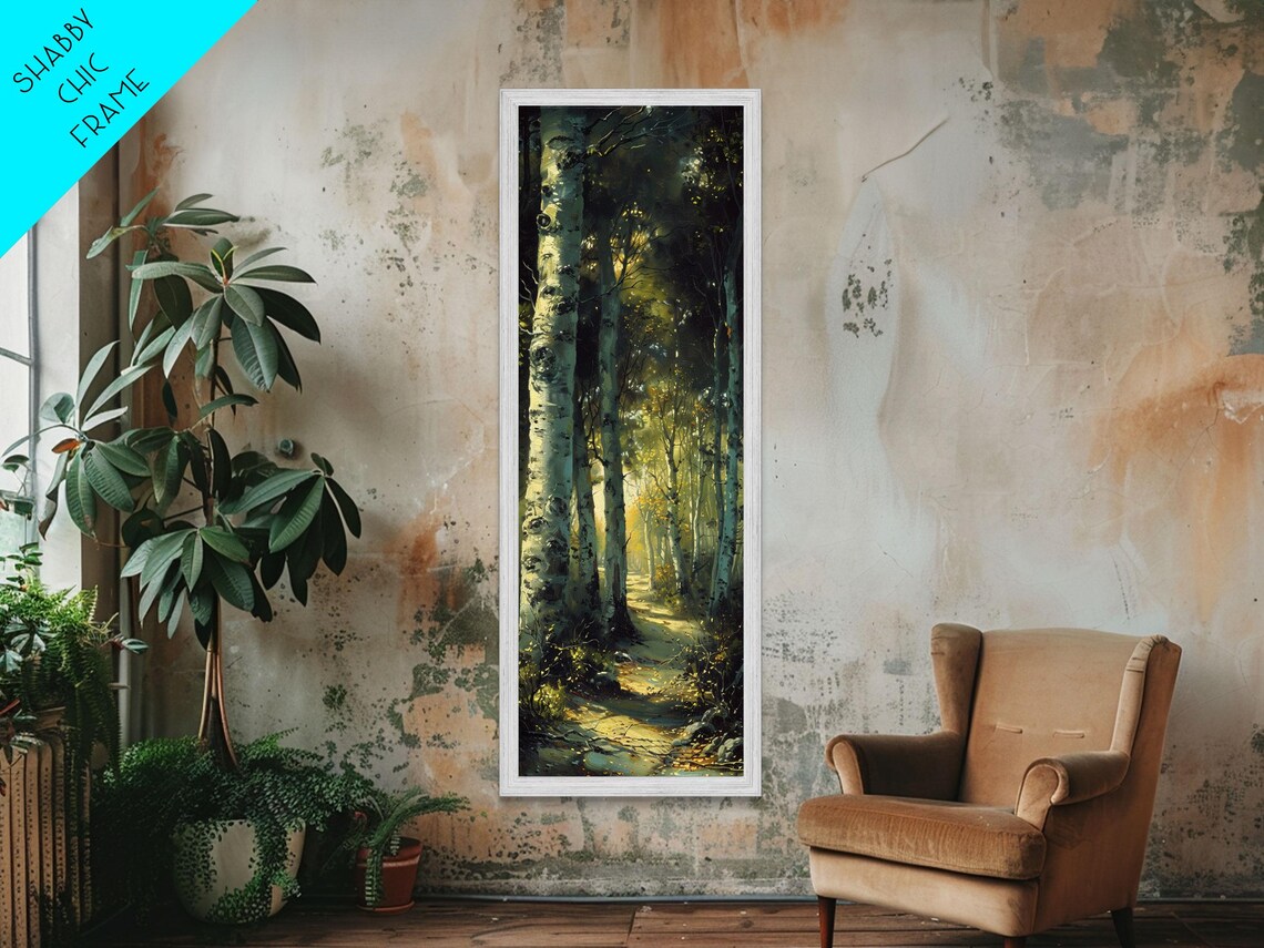 Serene Birch Tree Pathway In Tall Skinny Art Framed Print Perfect For Tranquil Wall Decor In Bedrooms Or Study Rooms - Image 2