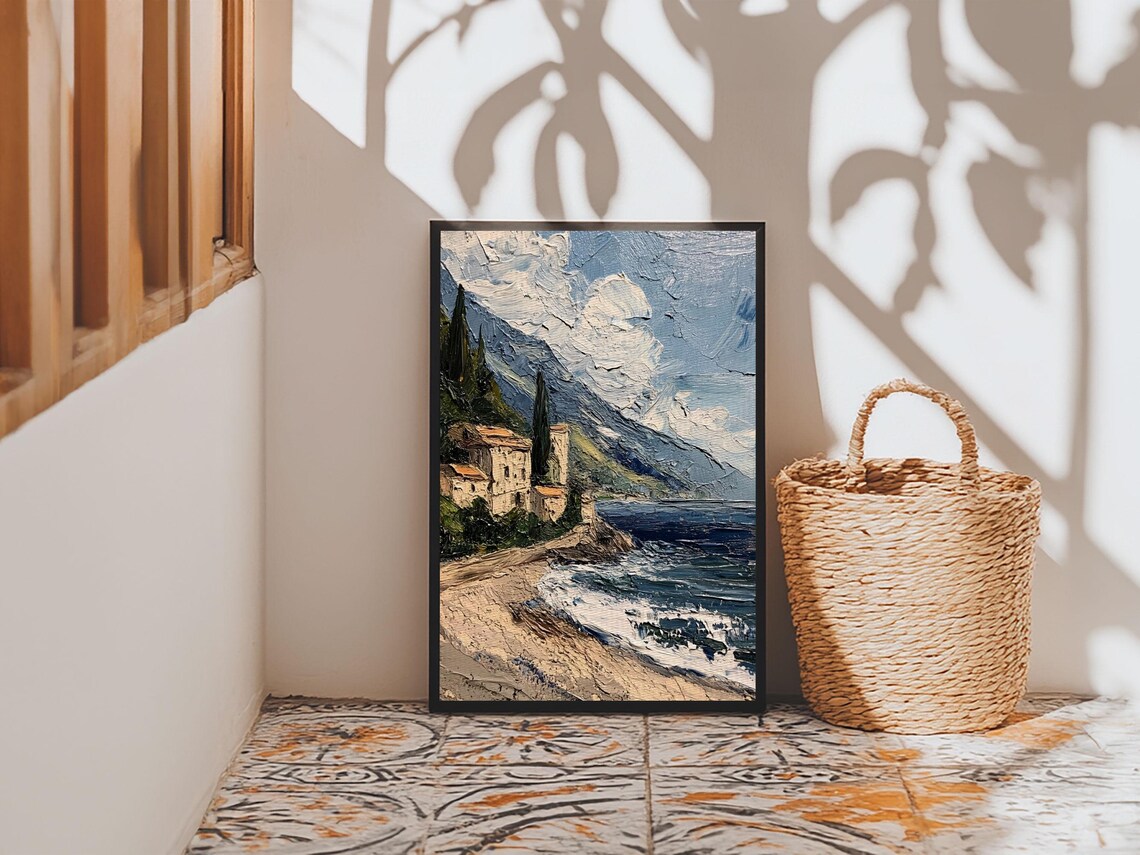 Italian Seaside Cliff Village Impasto Oil Painting Coastal Art Poster - Image 3