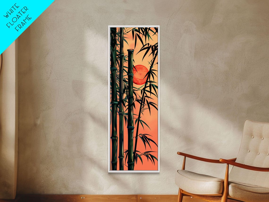 Bamboo Stalks Red Sun Silhouette Sunset Tall Japanese Wall Art - Image 2