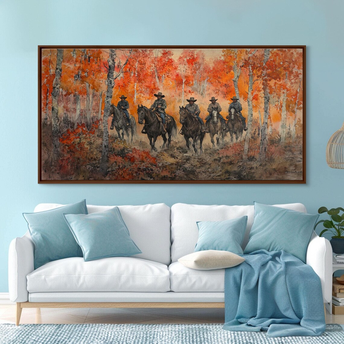 Cowboys Riding Through Fiery Autumn Birch Forest Western Art Print - Image 5