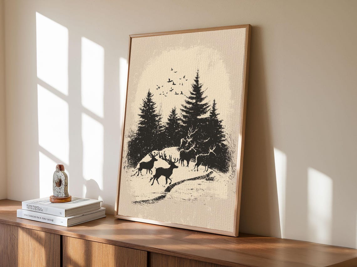 Deer Silhouettes Among Snowy Pines Black Winter Forest Animal Poster - Image 6