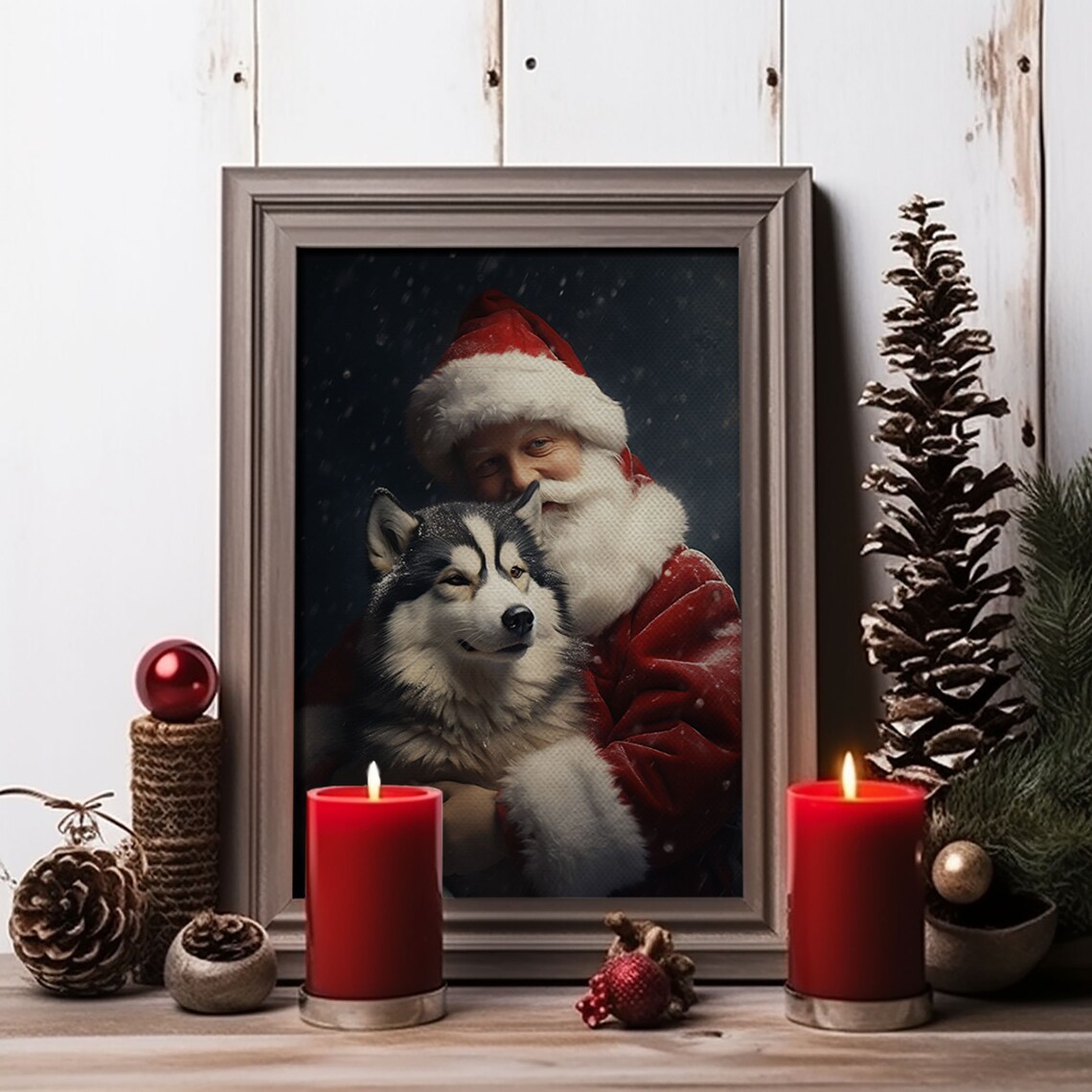 Santa Holding A Siberian Husky, Farmhouse Christmas Art - Image 3