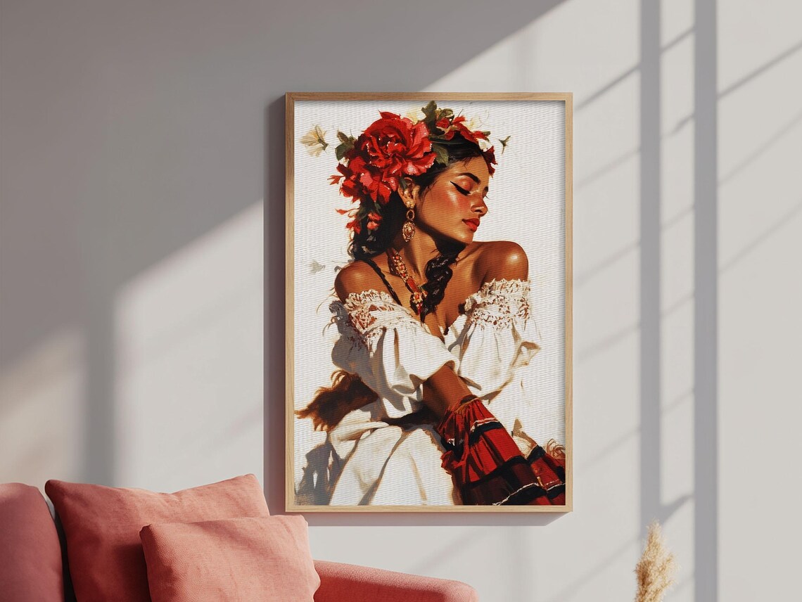 Mexican Floral Latina Portrait Art Print, Southwestern - Image 4