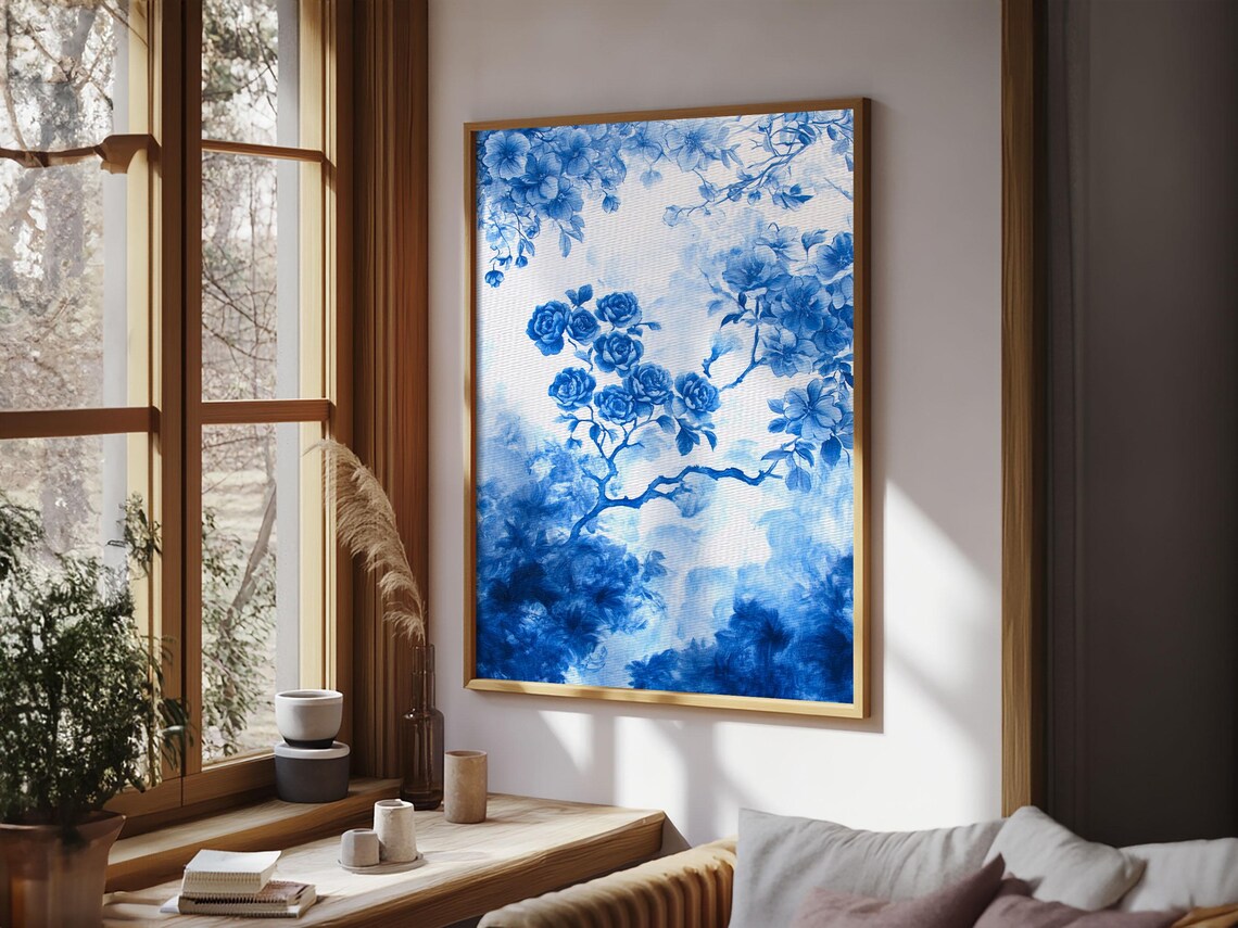 Blue And White Roses Chinoiserie Floral Watercolor Painting Print - Image 3