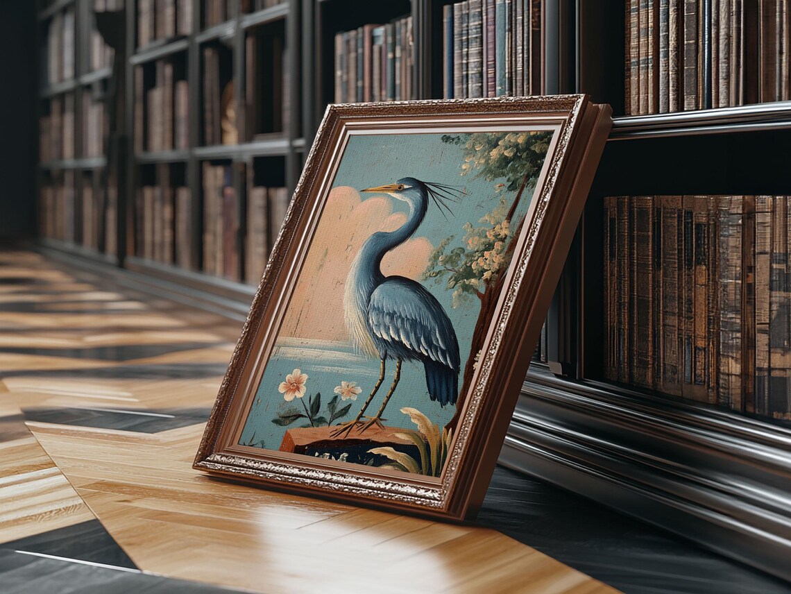 Blue Heron Vintage Coastal Art Print, Beach House