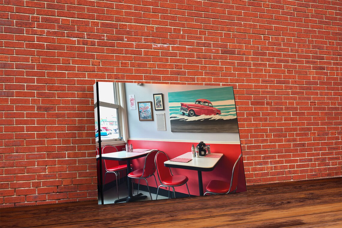 Retro American Diner Interior Red Booths Vintage Car Art Wall Poster - Image 6
