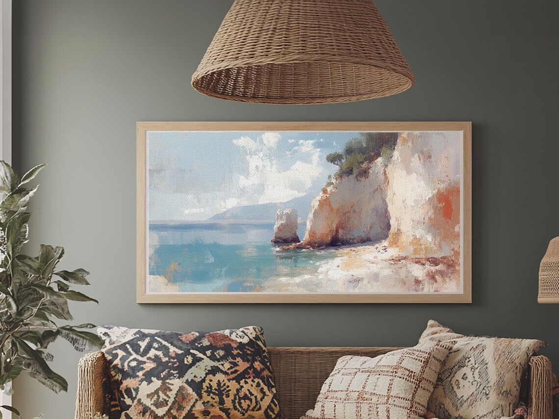 White Cliff Coastal Seascape Oil Painting Turquoise Water Beach Art Print - Image 3